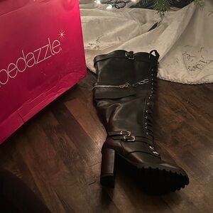 Shoe Dazzle Black Over the Knee Boots with Buckle Detail